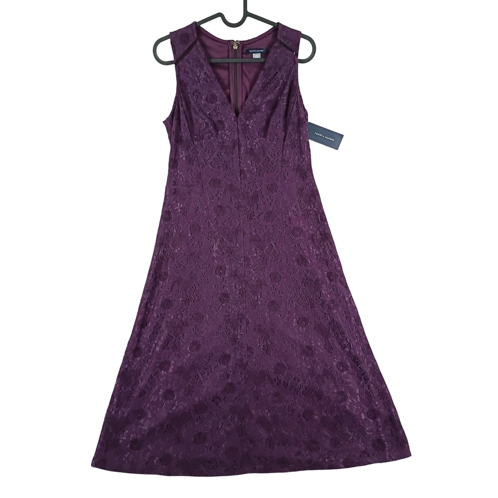 Tommy Hilfiger Lace A-Line Dress Womens 4 Plum Purple Floral V-Neck Formal Midi